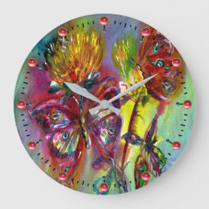 RED BUTTERFLIES ON YELLOW THISTLES,BLUE SKY Floral Large Clock