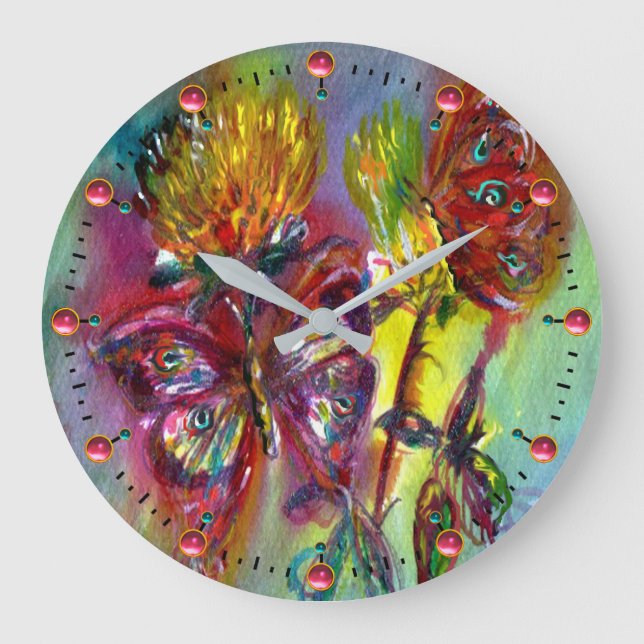 RED BUTTERFLIES ON YELLOW THISTLES,BLUE SKY Floral Large Clock (Front)