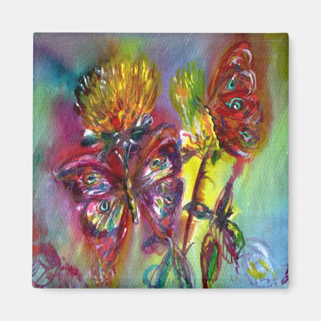RED BUTTERFLIES ON YELLOW THISTLES,BLUE SKY Floral Magnet (Front)