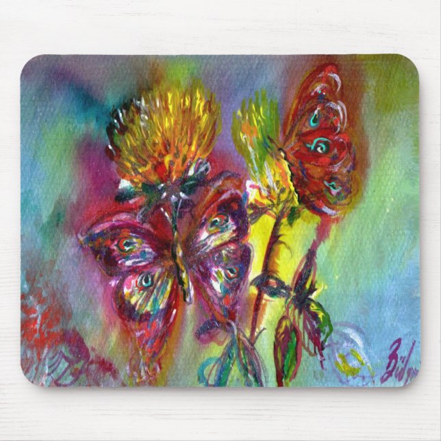 RED BUTTERFLIES ON YELLOW THISTLES,BLUE SKY Floral Mouse Pad (Front)