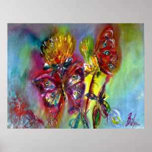 RED BUTTERFLIES ON YELLOW THISTLES,BLUE SKY Floral Poster