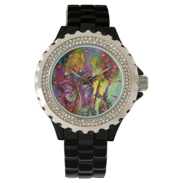 RED BUTTERFLIES ON YELLOW THISTLES,BLUE SKY Floral Watch (Front)