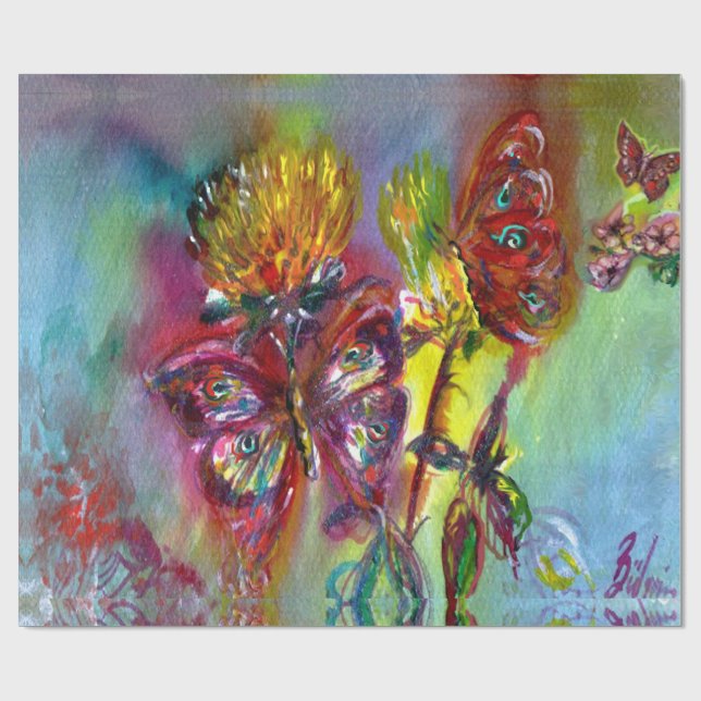 RED BUTTERFLIES ON YELLOW THISTLES,BLUE SKY Floral Wrapping Paper (Flat)