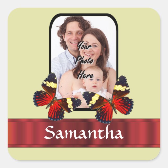 Red butterflies photo template square sticker (Front)