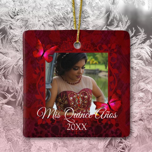 Red Butterflies, Quinceanera Christmas Photo Ceramic Ornament (elegant ruby red quinceanera mis quince anos christmas ornament keepsake gift red butterflies )