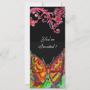 RED BUTTERFLY,FLORAL SWIRLS Gold Yellow Black Invitation