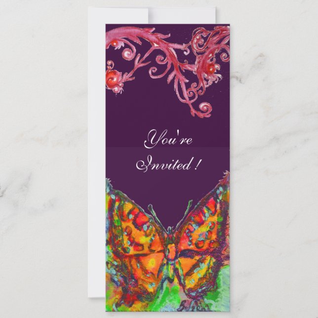 RED BUTTERFLY,FLORAL SWIRLS Gold Yellow Purple Invitation (Front)