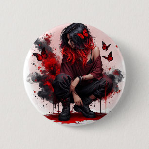 Red butterfly grunge girl 6 cm round badge