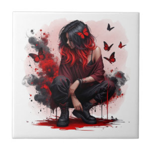 Red butterfly grunge girl ceramic tile