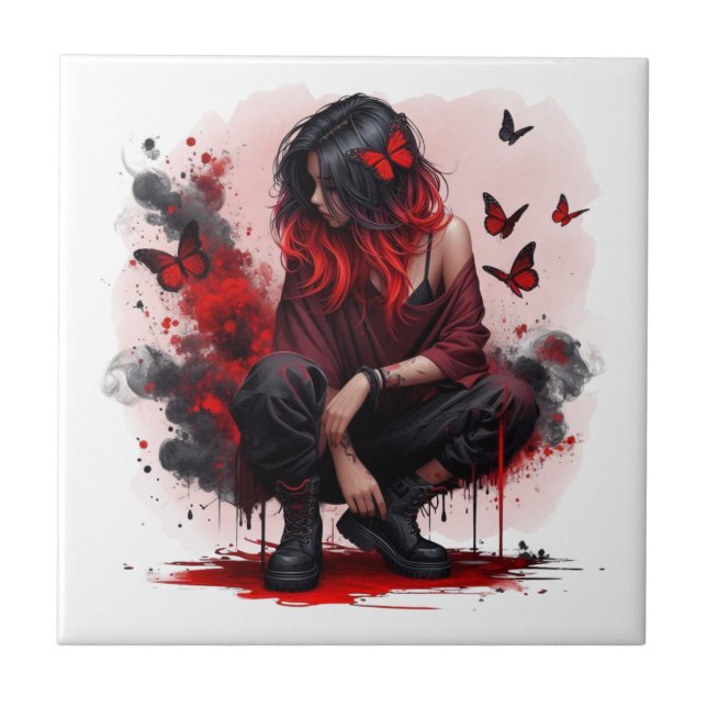 Red butterfly grunge girl ceramic tile (Front)