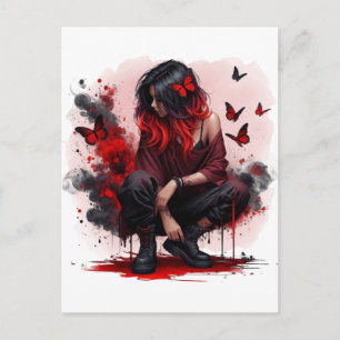 Red butterfly grunge girl postcard