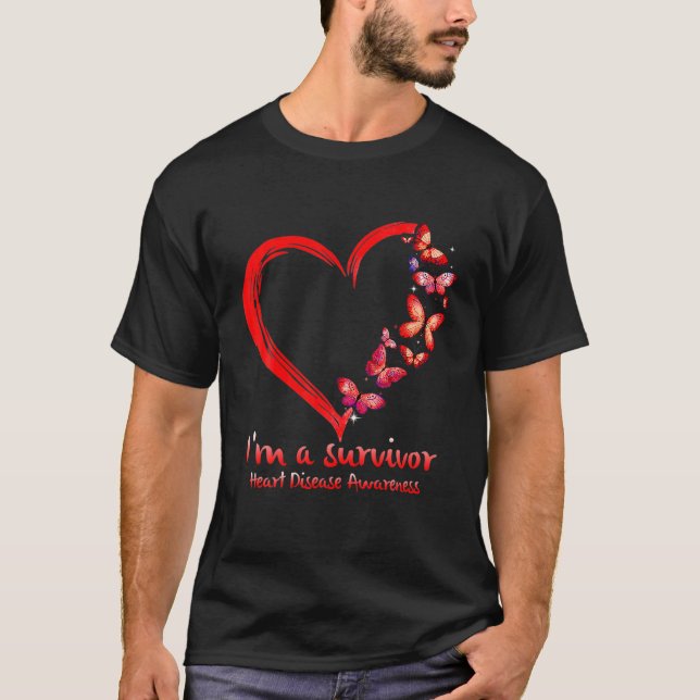Red Butterfly Heart I'm A Survivor Heart Disease A T-Shirt (Front)