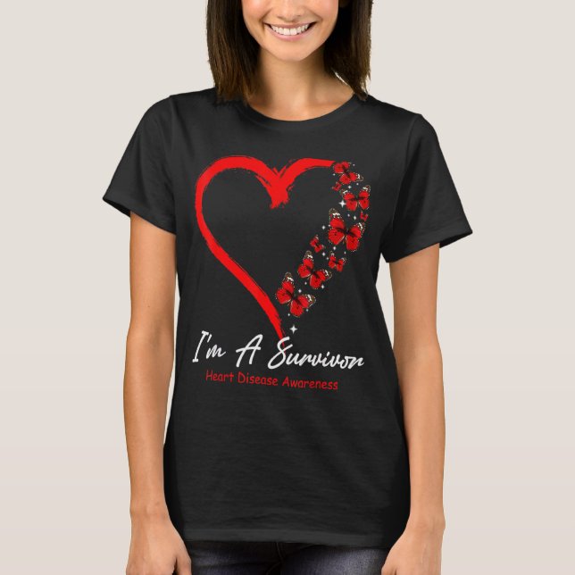 Red Butterfly Heart I'm A Survivor Heart Disease A T-Shirt (Front)