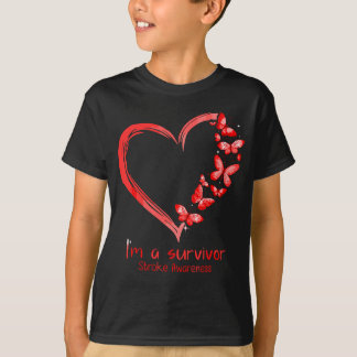 Red Butterfly Heart I'm A Survivor Stroke Awarenes T-Shirt