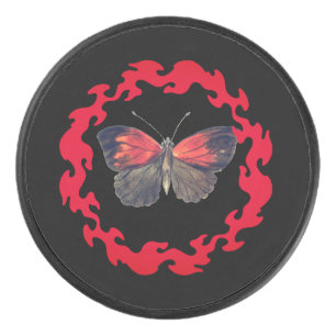 Red Butterfly in a Circle of Fire – Symbol of Pass Hockey Puck