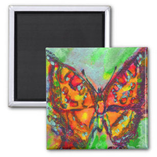 RED BUTTERFLY IN BLUE GREEN GOLD SPARKLES MAGNET