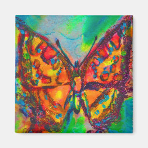 RED BUTTERFLY IN BLUE GREEN GOLD SPARKLES MAGNET