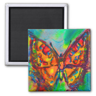 RED BUTTERFLY IN BLUE GREEN GOLD SPARKLES MAGNET