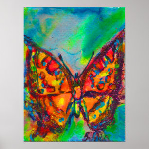 RED BUTTERFLY IN BLUE GREEN TEAL GOLD SPARKLES POSTER