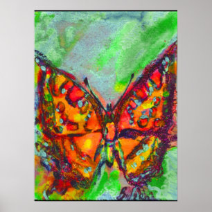 RED BUTTERFLY IN BLUE GREEN TEAL GOLD SPARKLES POSTER
