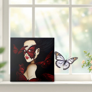 Red Butterfly Masquerade Woman Gothic Fantasy Ceramic Tile