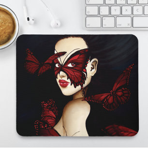 Red Butterfly Masquerade Woman Gothic Fantasy Mouse Pad