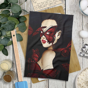 Red Butterfly Masquerade Woman Gothic Fantasy Tea Towel