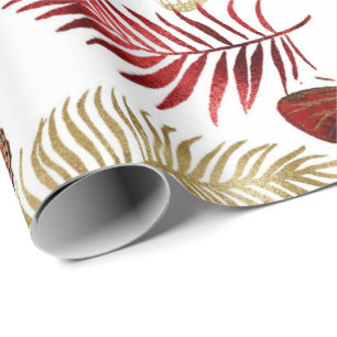 Red Butterfly Palm Leaf  Floral Elegant Gold White Wrapping Paper