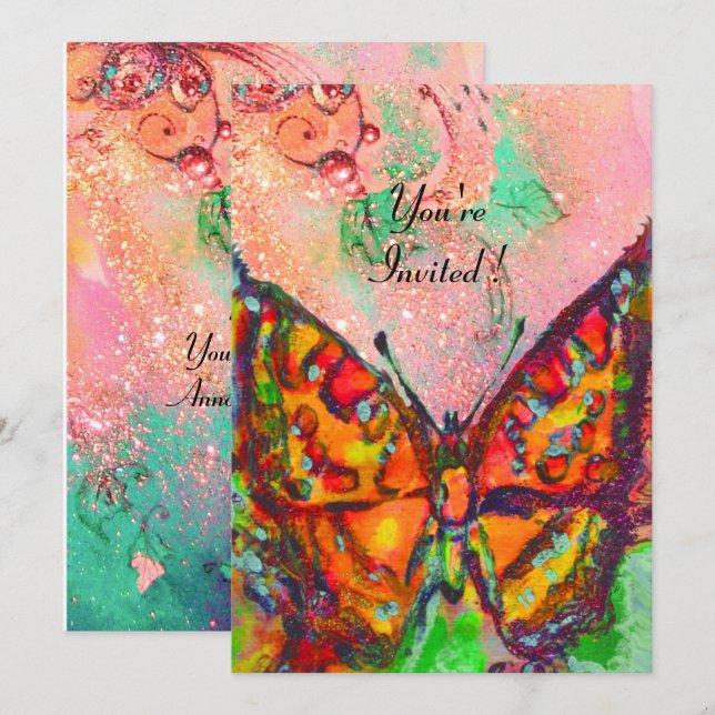 RED BUTTERFLY PINK FUCHSIA GOLD SPARKLES Sweet 16 Invitation (Front/Back)