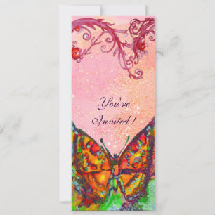 RED BUTTERFLY PINK FUCHSIA SWIRLS,GOLD SPARKLES INVITATION