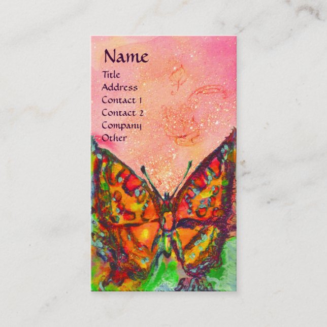 RED BUTTERFLY  PINK YELLOW GOLD SPARKLES Monogram Business Card (Front)