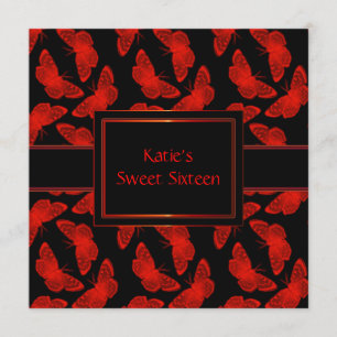 Red Butterfly Red Black Sweet Sixteen Invitation
