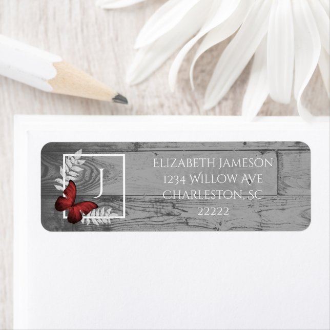 Red Butterfly Rustic Label Return Address Label (Insitu)