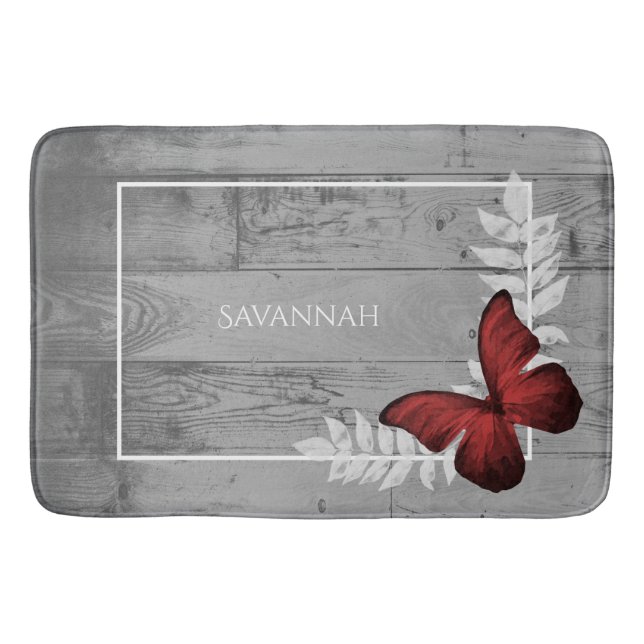 Red Butterfly Rustic Personalised Bath Mat (Front)