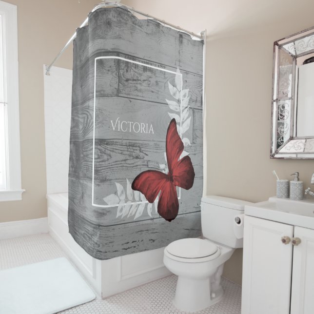 Red Butterfly Rustic Personalised Shower Curtain (In Situ)