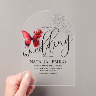 Red Butterfly Script Minimal Wedding Acrylic Invitations