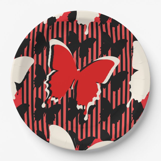 Red Butterfly Stripe Paper Plate (Front)
