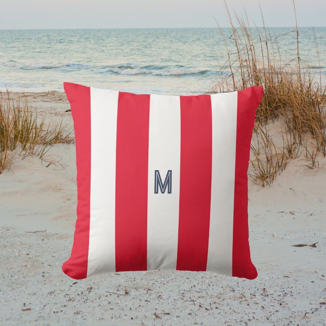 Red Cabana Stripe & Personalised Navy Monogram Cushion (Creator Uploaded)