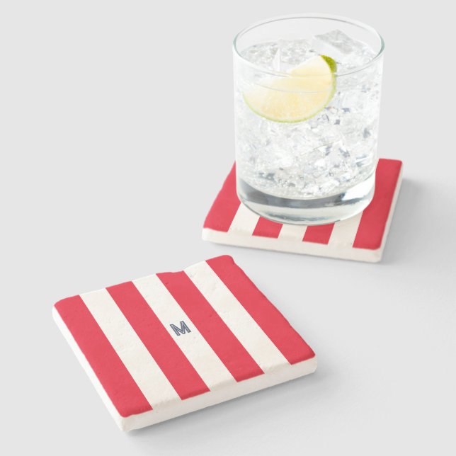 Red Cabana Stripe & Personalised Navy Monogram Stone Coaster (Side)