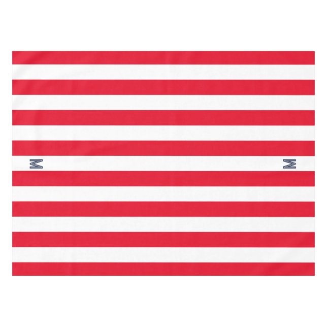 Red Cabana Stripe & Personalised Navy Monogram Tablecloth (Front (Horizontal))