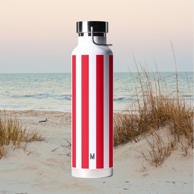 Red Cabana Stripe & Personalized Navy Monogram Water Bottle (Creator Uploaded)