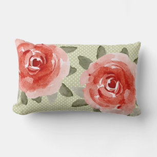 Red Cabbage Roses on White and Lime Dots Pillow