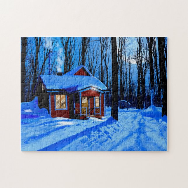 Red Cabin In A Snowy Woods Jigsaw Puzzle (Horizontal)