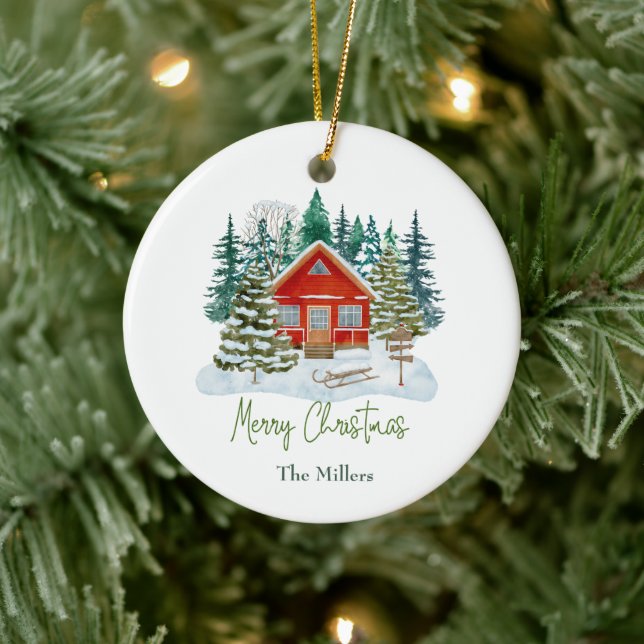 Red Cabin Merry Christmas Customisable Name   Ceramic Ornament (Tree)