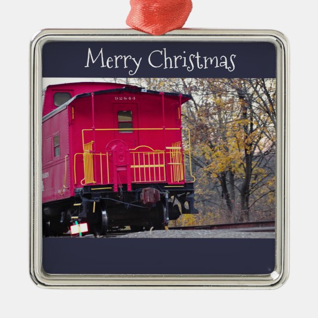 Red Caboose Train Photo Metal Tree Decoration (Front)