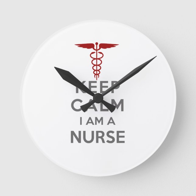 Red Caduceus Keep Calm I am a Nurse Round Clock (Front)