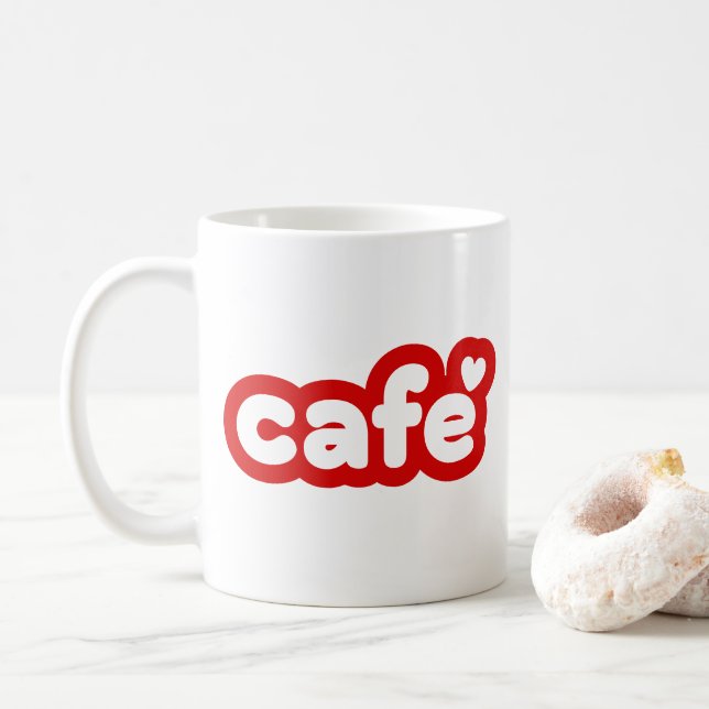 Red "Café" Mug with Heart Detail (With Donut)