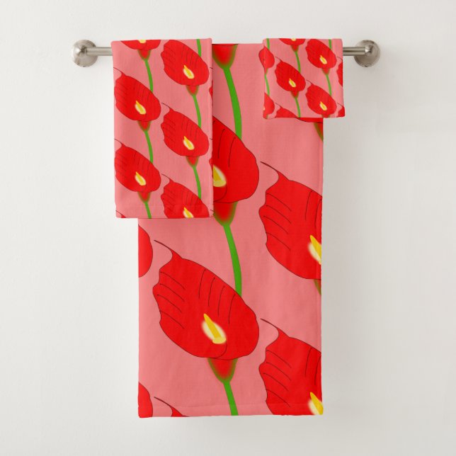Red Cala Lily Design Bath Towel Set (Insitu)