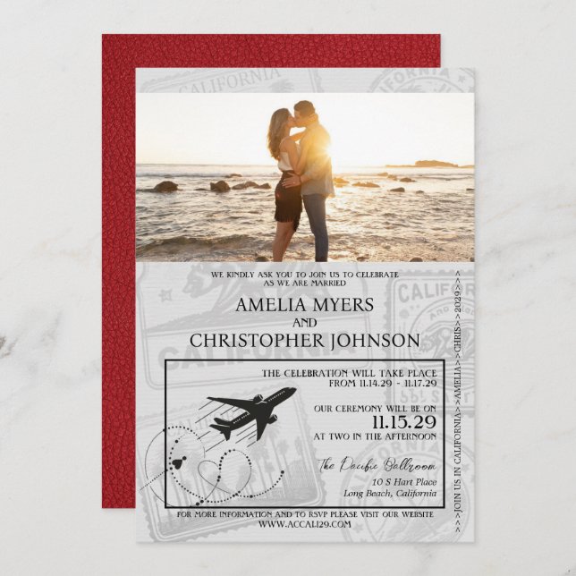 Red California Passport Wedding Invitation (Front/Back)