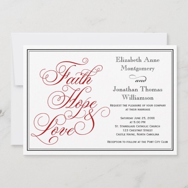 Red Calligraphy Faith Hope Love Wedding Invitation (Front)